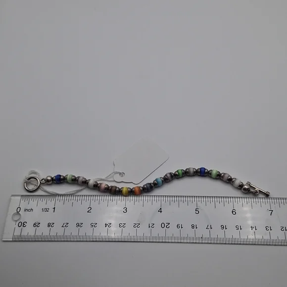 Vtg Sterling Silver Multicolor Glass Cat Eye Bracelet 7" Toggle Clasp 14.41g - Picture 7 of 7